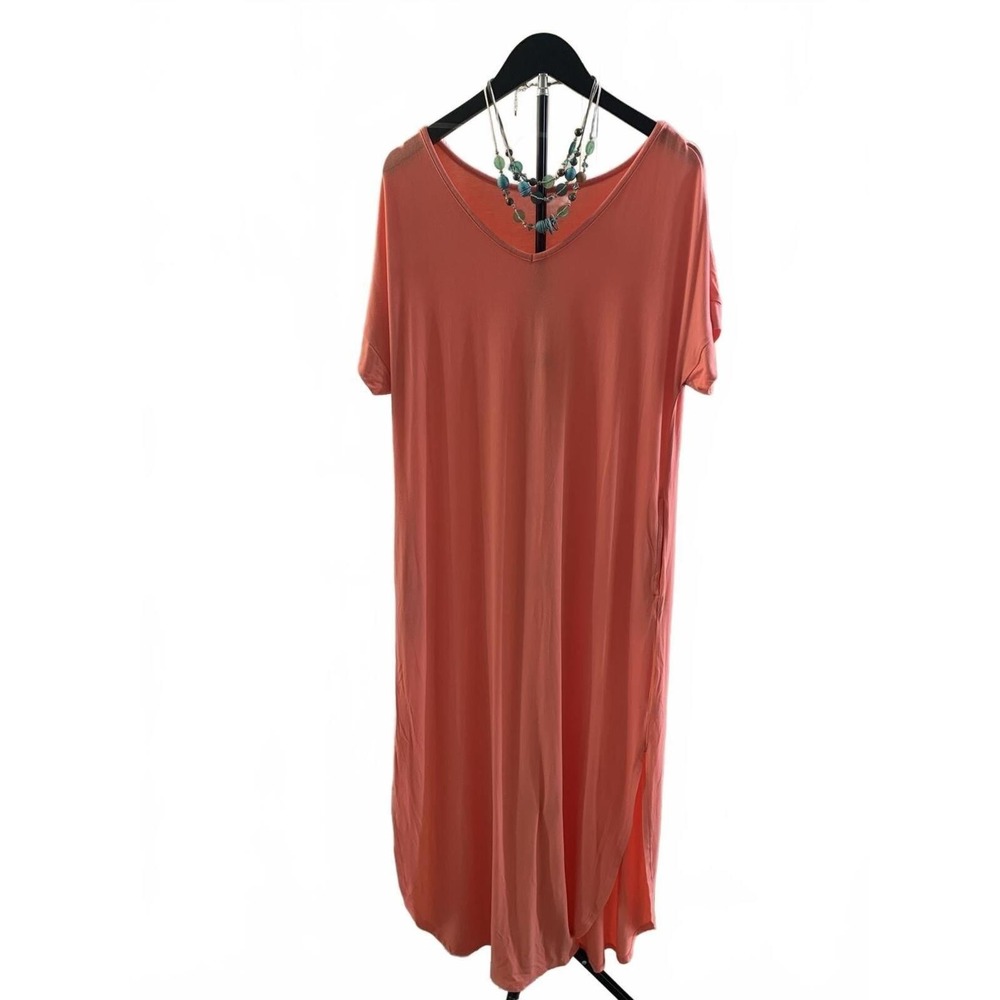 Time and Tru Womens Coral Pink V-Neck Short Sleeve Maxi Dress with Pockets L